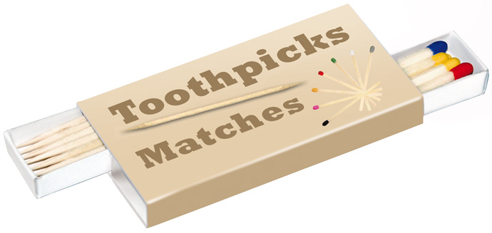 Werbezündhölzer & Zahnstocher, Schachtel 70x35x8mm Inhalt ca. 9 Streichhölzer + 18 Zahnhölzer